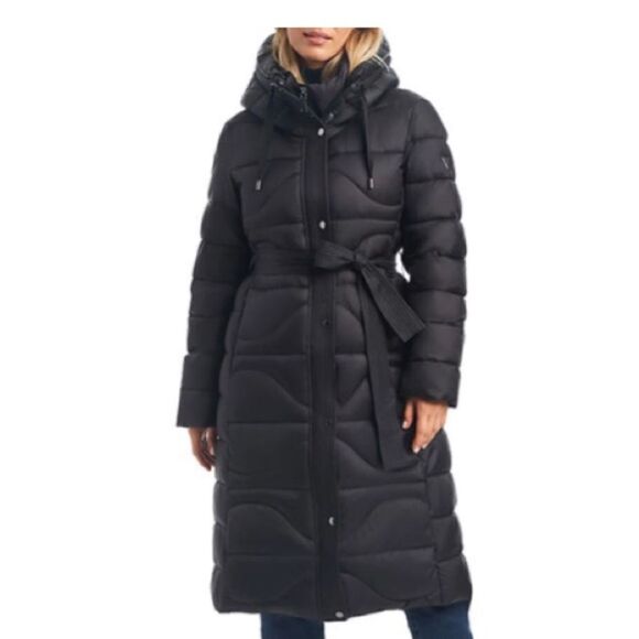 $450 Vince Camuto Onion Belted Long Puffer Coat with Hood, Black in Large, NWT - Picture 1 of 14
